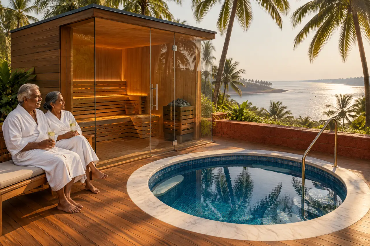 Couple on the teak deck of an Alibaug villa beside a glass sauna and a plunge pool