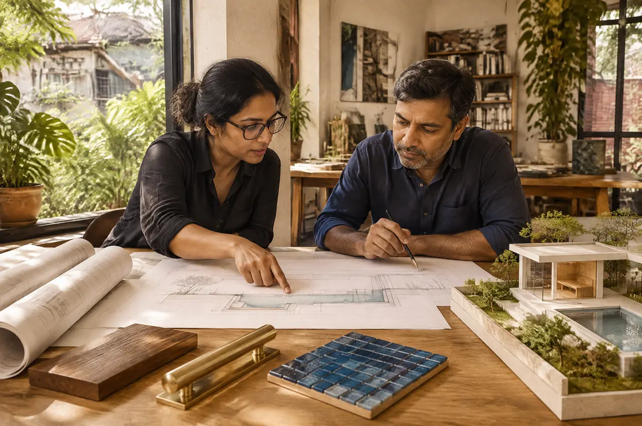 Two Indian architects reviewing a plunge pool section drawing in a Delhi studio, with a teak sample, a brass handrail, mosaic tiles and a small model of a villa