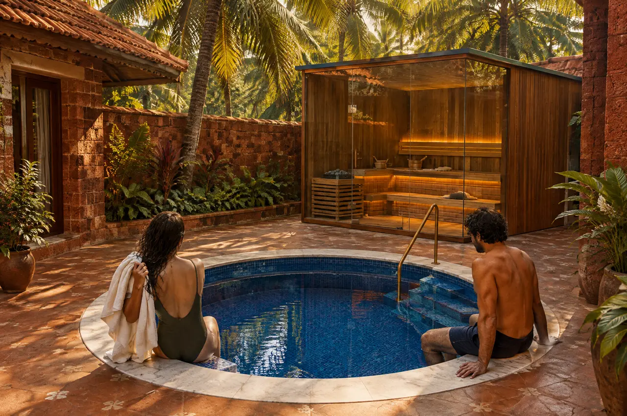 Courtyard of a villa in Assagao, North Goa, with red laterite walls, a round cold plunge pool, a glass-cornered sauna and a young Goan couple relaxing at the pool edge