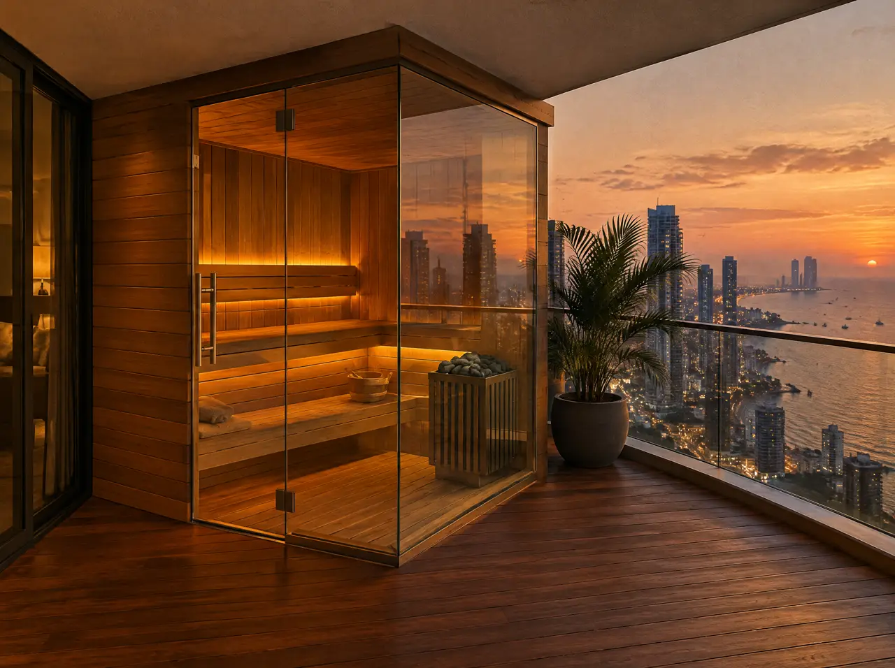 Glass corner sauna built into a high-rise balcony in Mumbai at dusk with a view over the sea