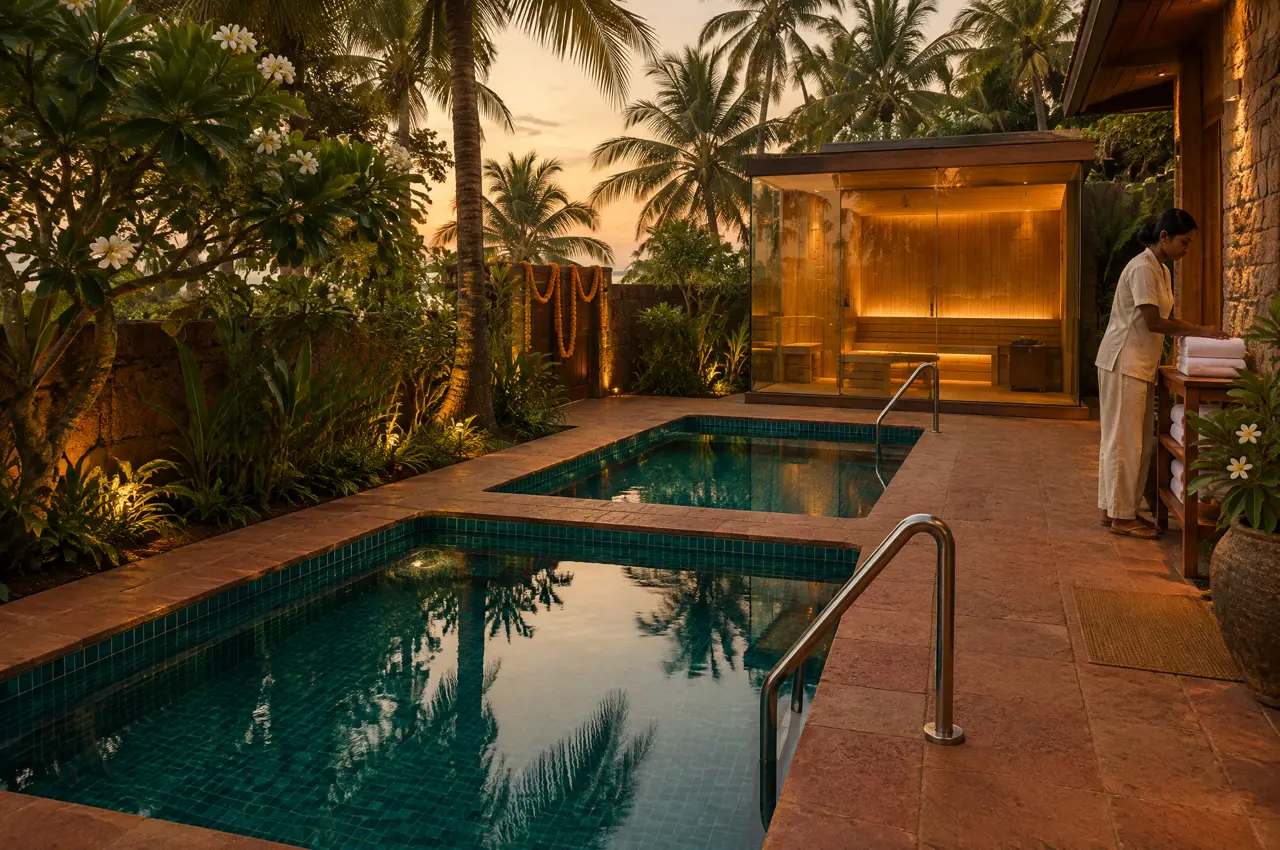 Finished spa garden of a boutique hotel in North Goa at dusk: two cold plunge pools in a row, a glass sauna at the far end and an attendant stacking towels