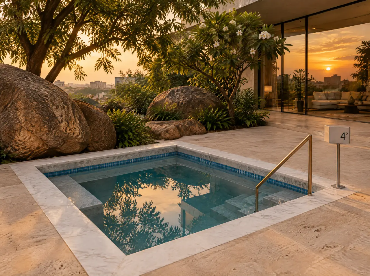 Square cold plunge pool with white marble coping set into a travertine terrace among Deccan granite boulders, a glass-walled villa behind