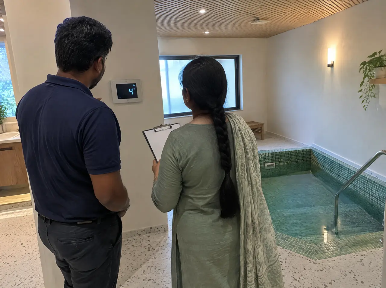 Site engineer and clinic operations manager reading the display unit beside a small collective plunge pool at handover