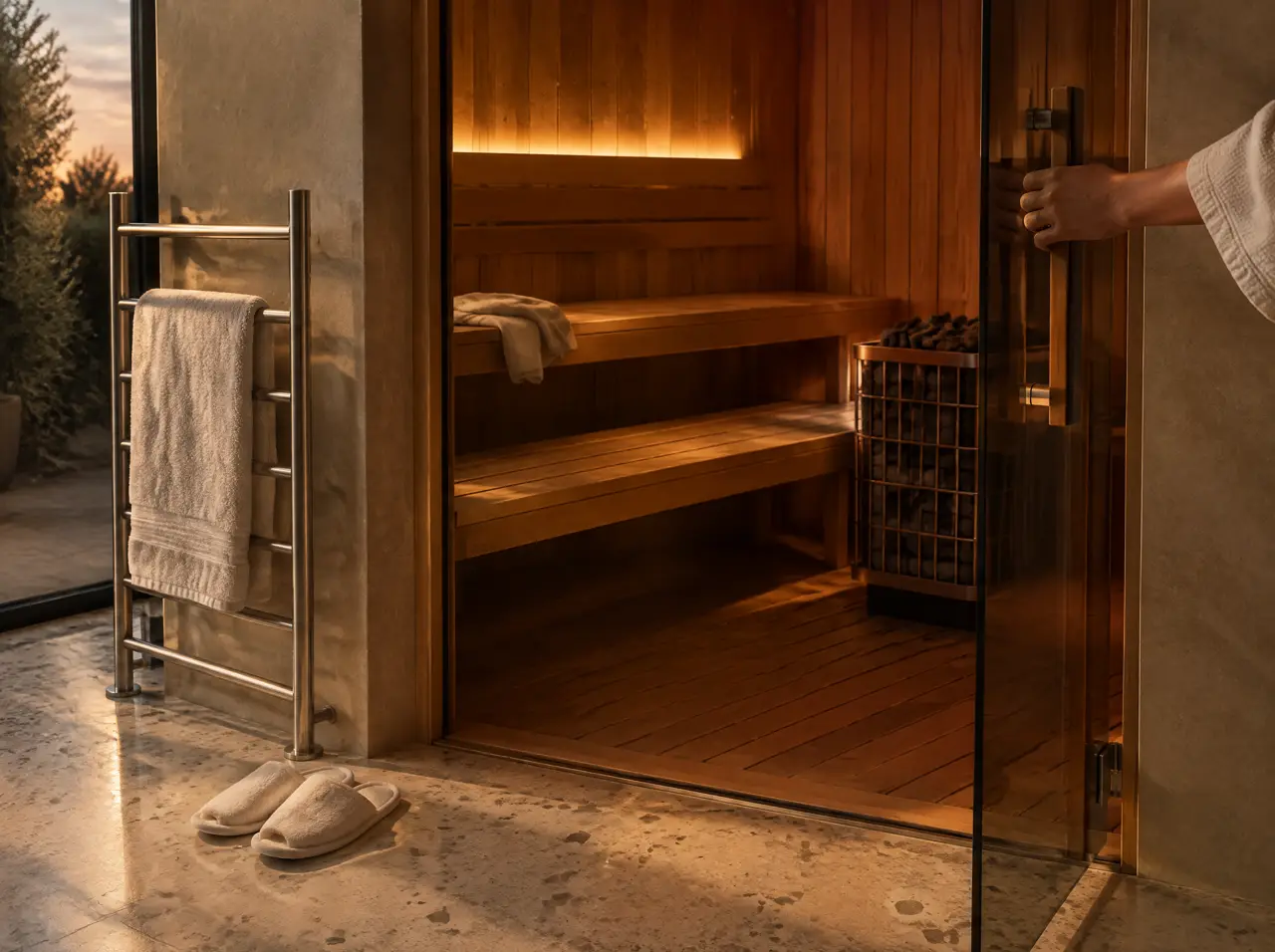 Glass door of a clinic sauna ajar with a stainless towel rack and slippers on terrazzo, a hand on the handle