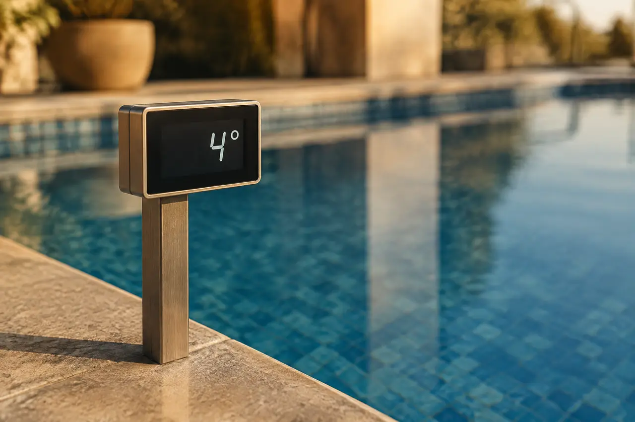 A plain display unit on a steel stand at the edge of a cold plunge pool showing 4 degrees