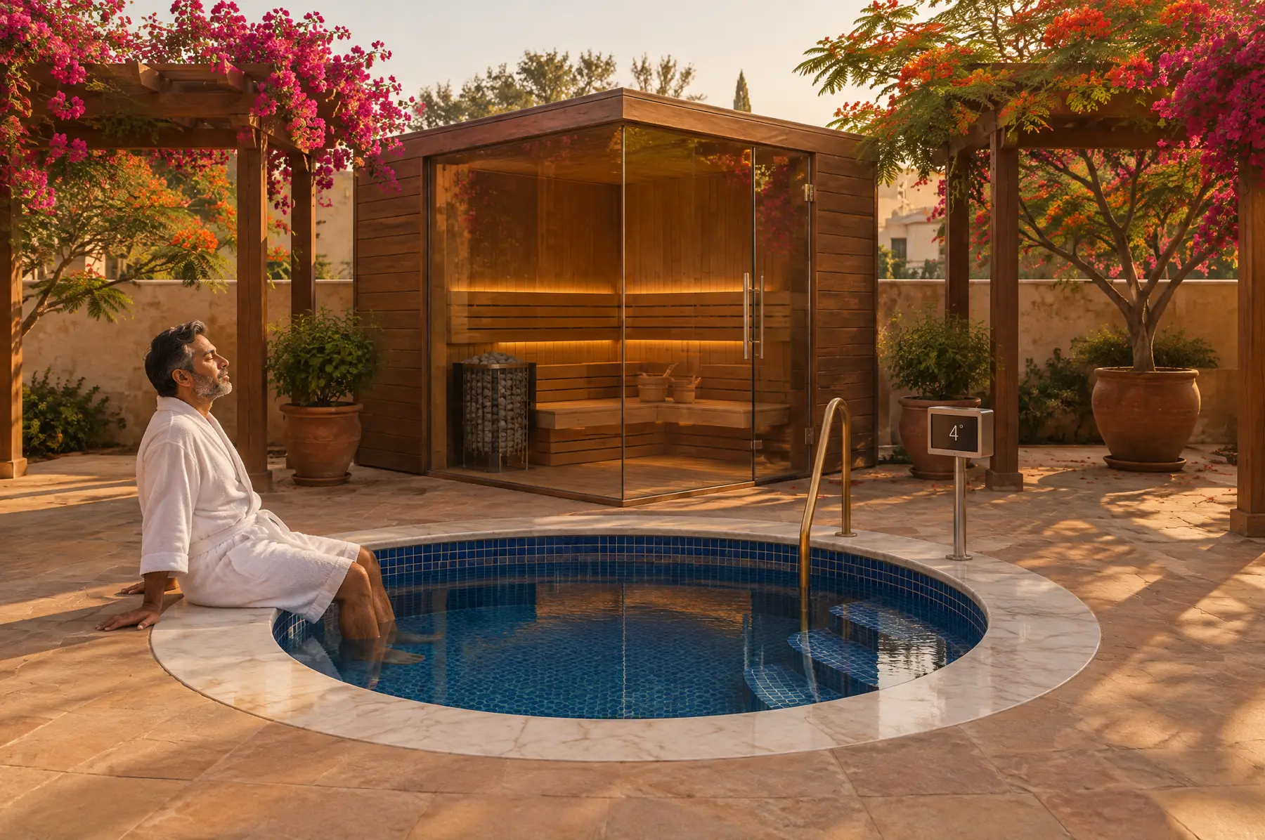 Courtyard of a South Delhi farmhouse with a round mosaic cold plunge pool, a glass-cornered sauna behind it and a man in a white robe seated at the pool edge on a winter morning