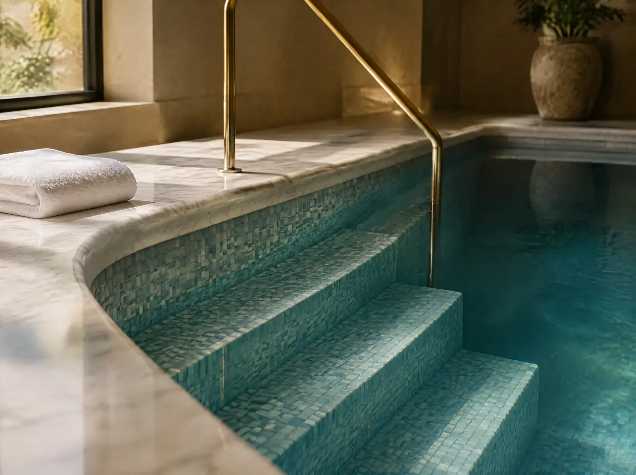 Cold plunge pool edge: glass mosaic below the waterline, rounded marble coping, three submerged steps and a brass handrail