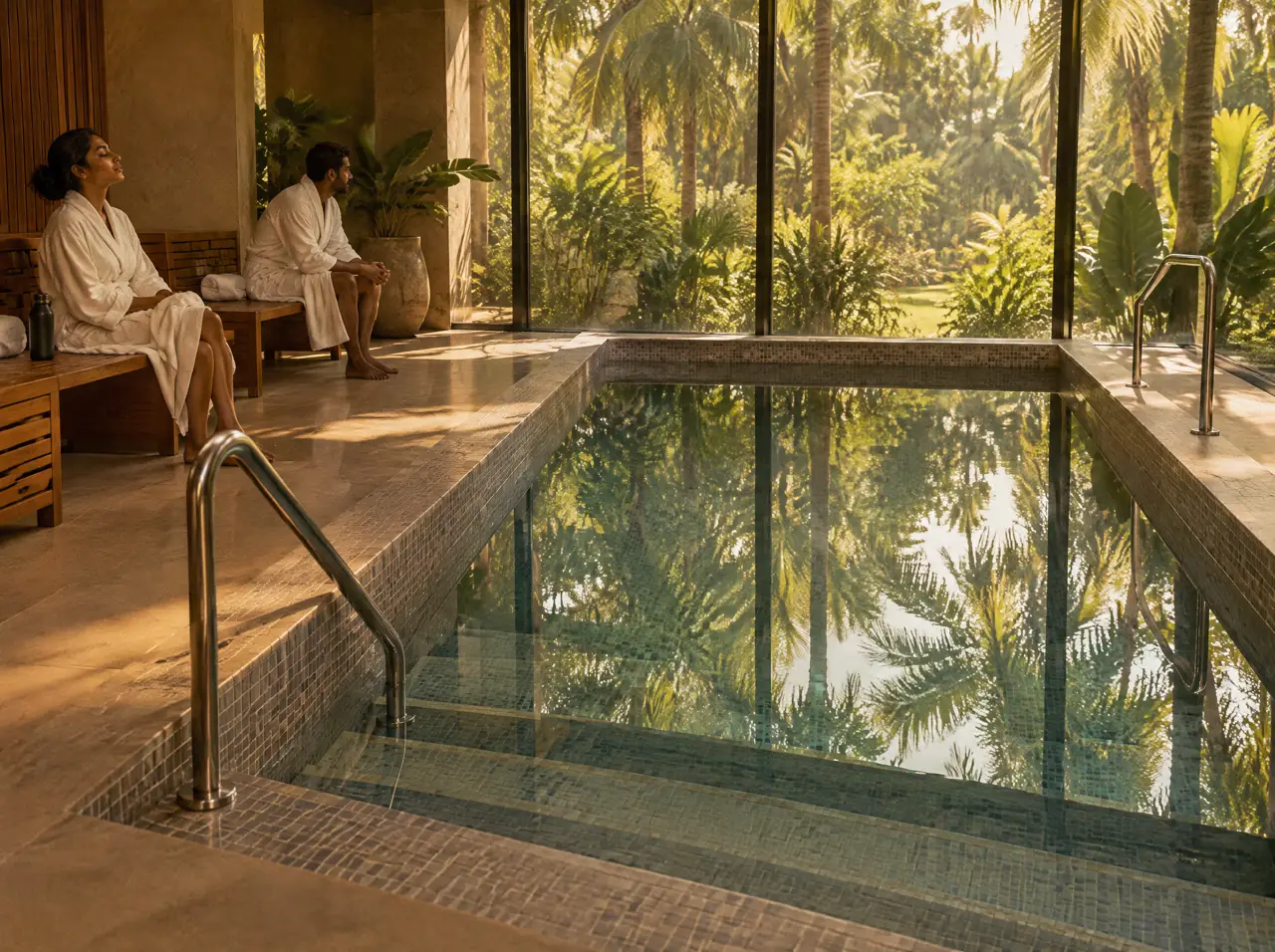 Collective rectangular cold plunge pool with grab rails in a resort spa in South Goa, guests in robes on teak benches
