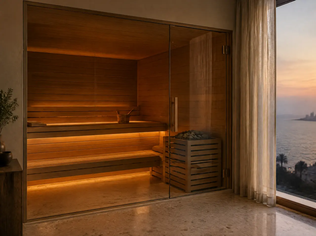 Custom dry sauna with a glass front built to the footprint of a wellness room in a sea-facing Bandra apartment, two bench levels, heater with stones and a bucket and ladle