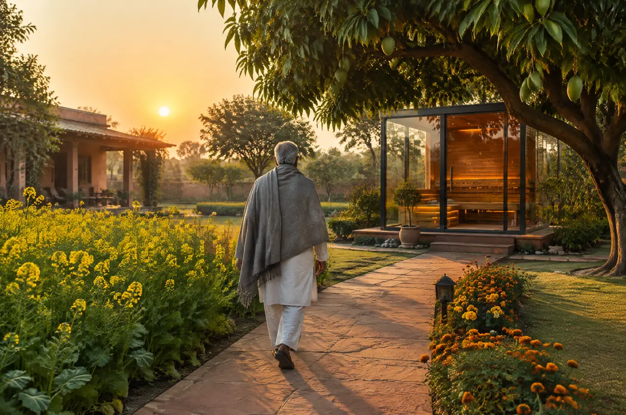 Indian man in a grey wool shawl walking along a sandstone path in a Delhi farmhouse garden toward a glowing glass sauna on a clear winter morning