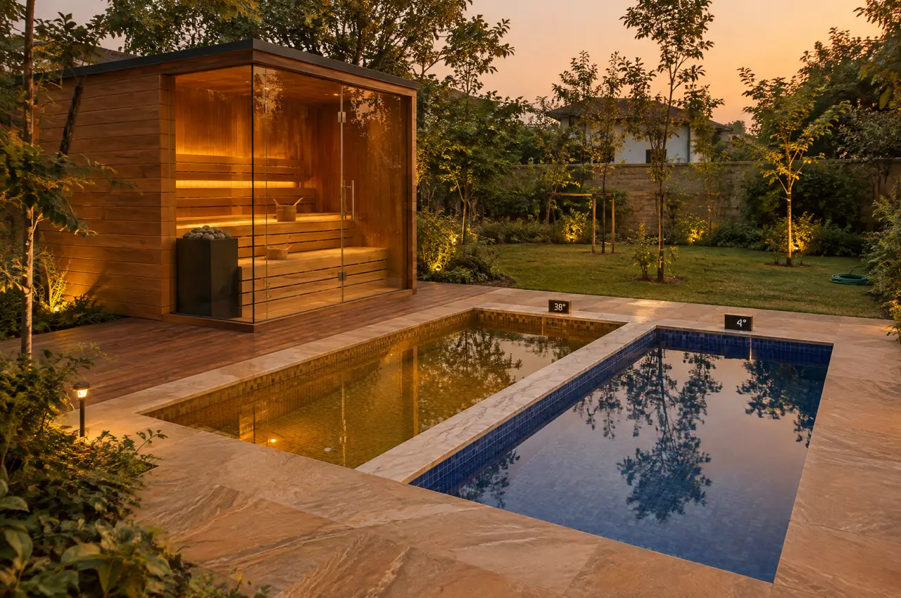 Finished wellness suite in a South Delhi farmhouse garden: glass-corner sauna on a teak deck beside a hot pool and a cold pool, display units reading 38 and 4 degrees