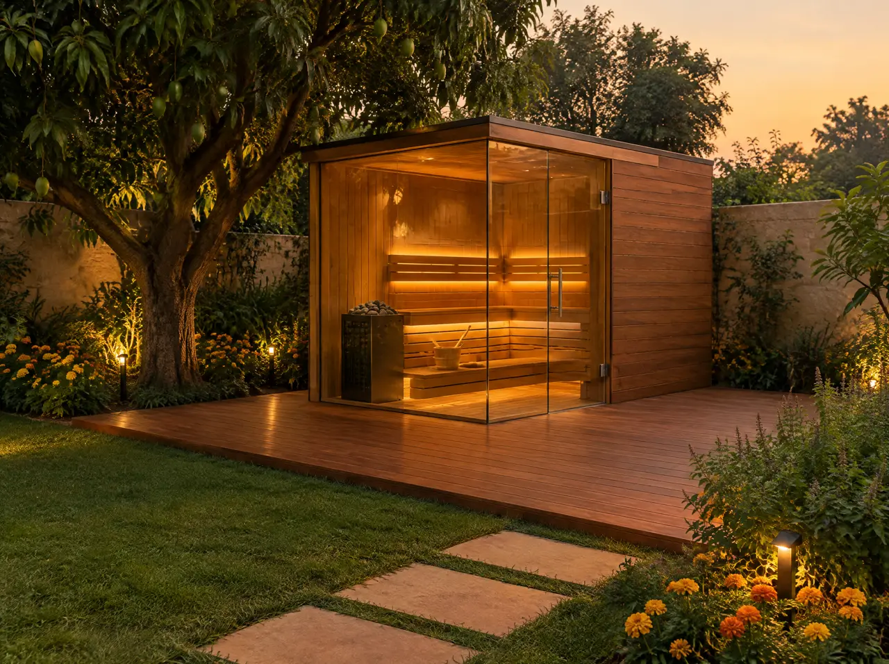 Free-standing glass-cornered sauna on a teak deck in a walled Chattarpur farmhouse garden with a mango tree, stepping stones and marigold beds at dusk