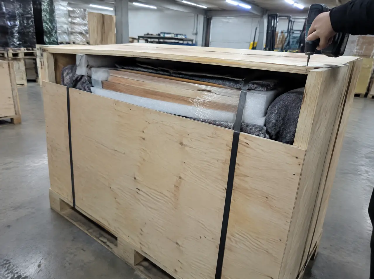 Timber sauna panels wrapped in foam inside an unmarked plywood crate on a pallet