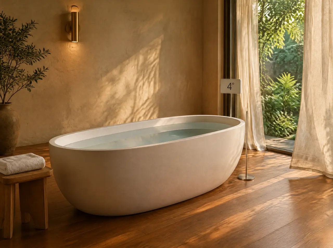 Free-standing white oval ice bath tub in a Jubilee Hills villa wellness room with teak floor, limewash wall, linen curtain and a display unit reading 4 degrees