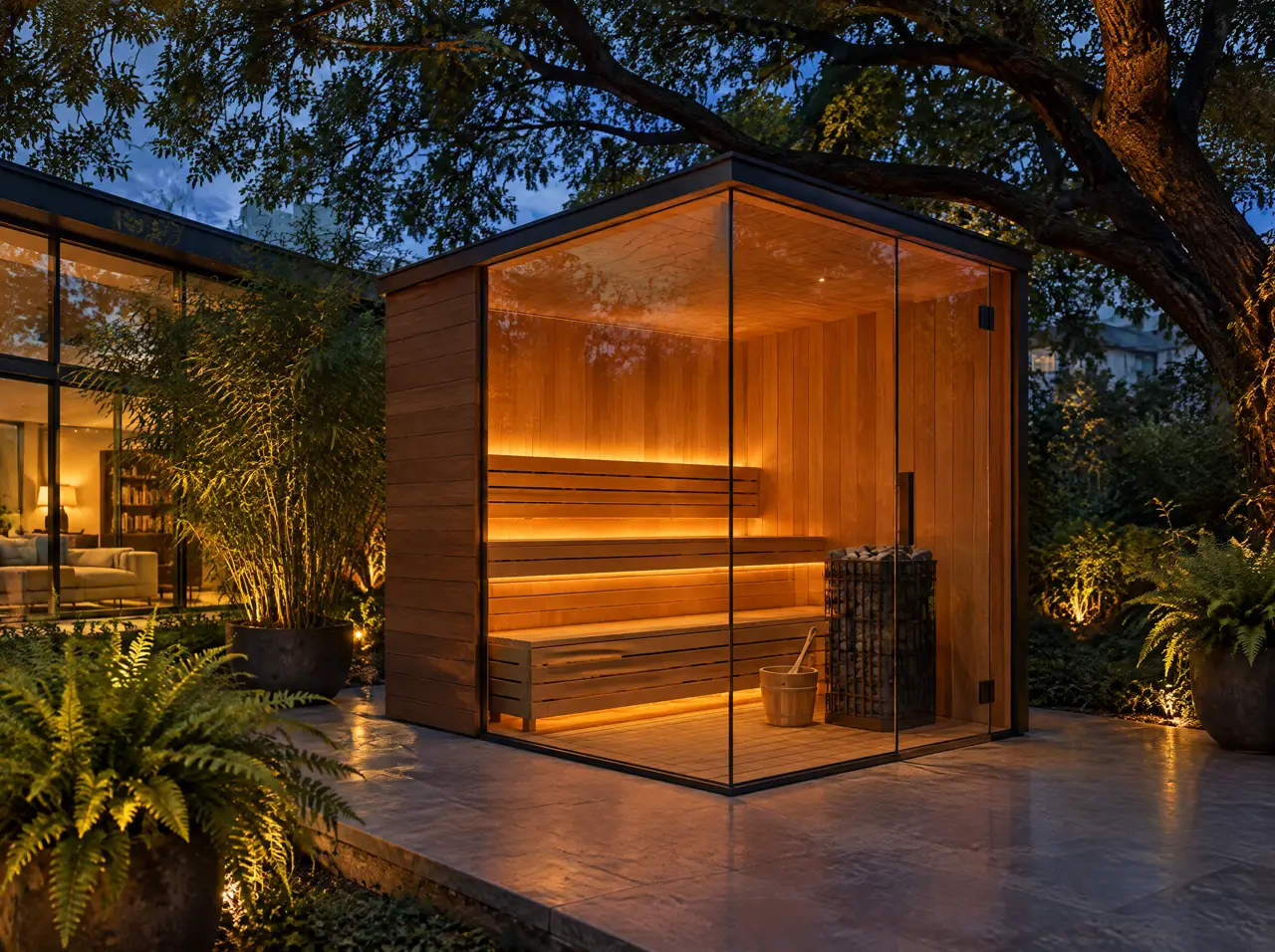 Free-standing sauna pavilion with two frameless glass walls meeting at a corner on a stone deck in a Bengaluru garden at blue hour, benches and heater glowing inside