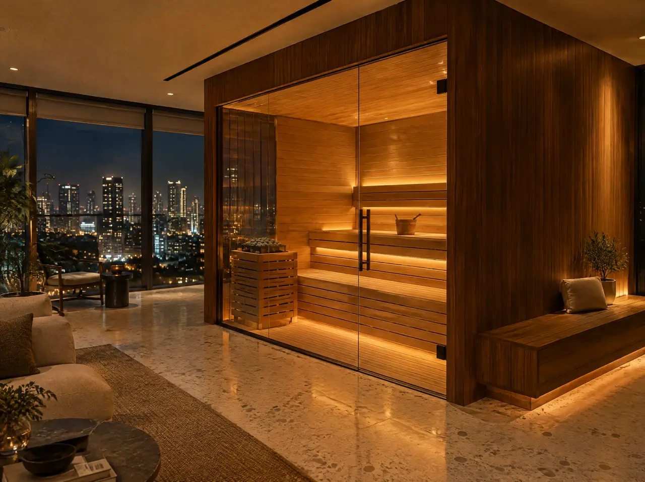 Glass-front sauna fitted into the living-room wing of a Gurugram apartment with the skyline at night