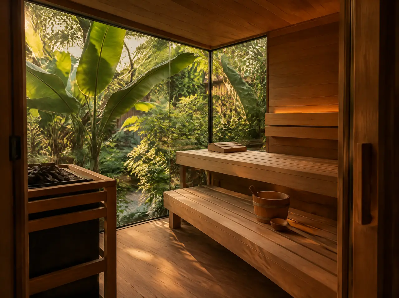 Inside a sauna with two glass walls meeting at a corner: timber benches, a heater with stones, a bucket and ladle, banana leaves beyond the glass