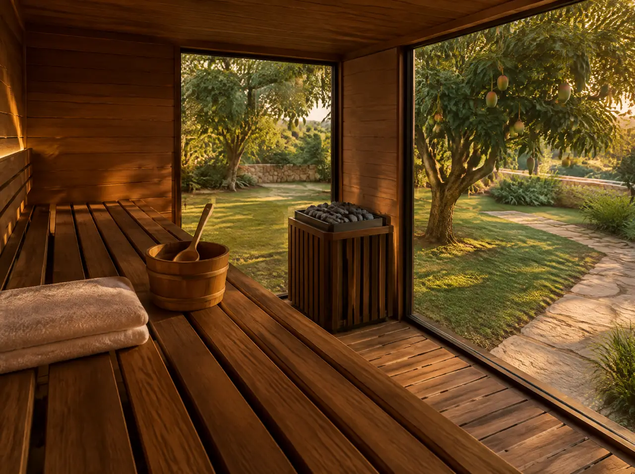 View from the upper bench of a farmhouse sauna through two glass walls to a lawn with a mango tree and a sandstone path