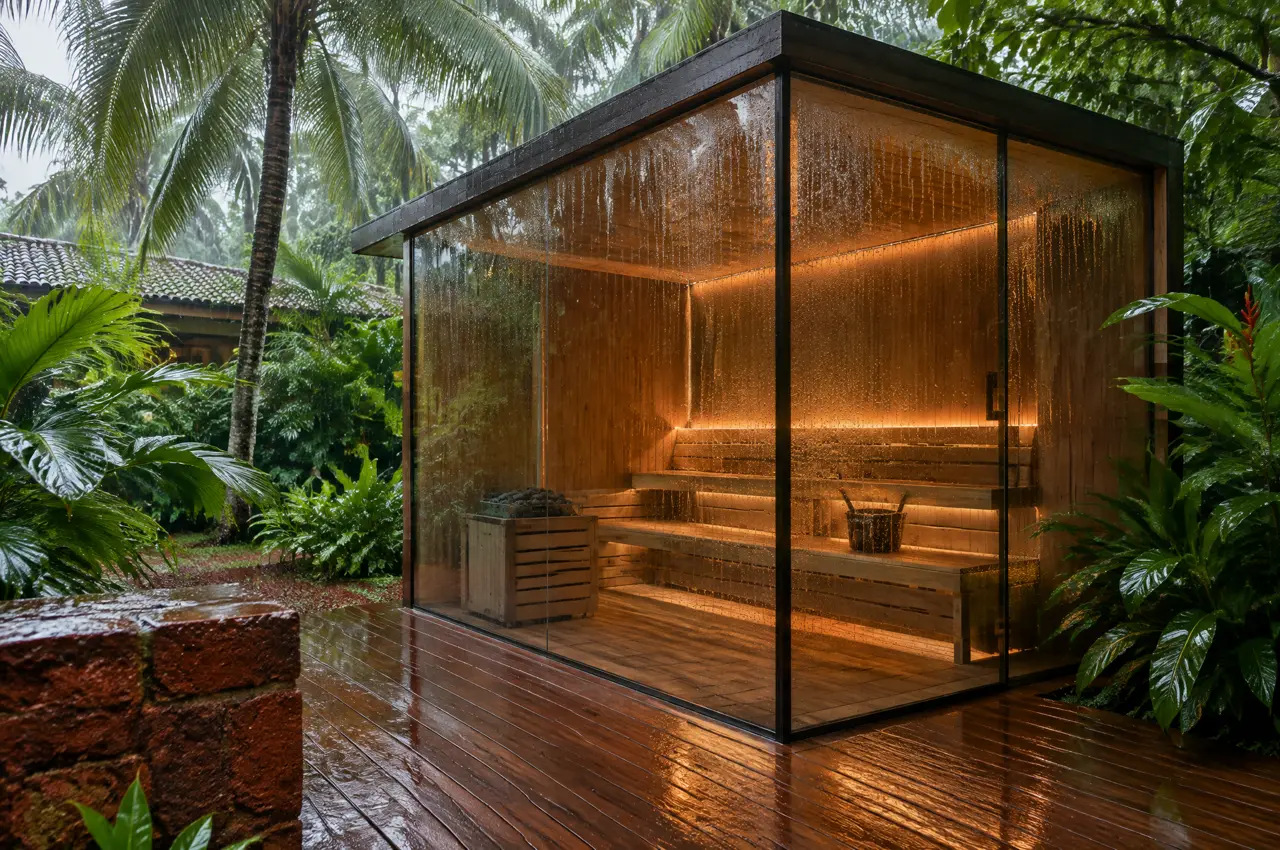 Sauna with two glass walls on a teak deck in a Goa villa garden in monsoon rain with wet laterite and palm leaves