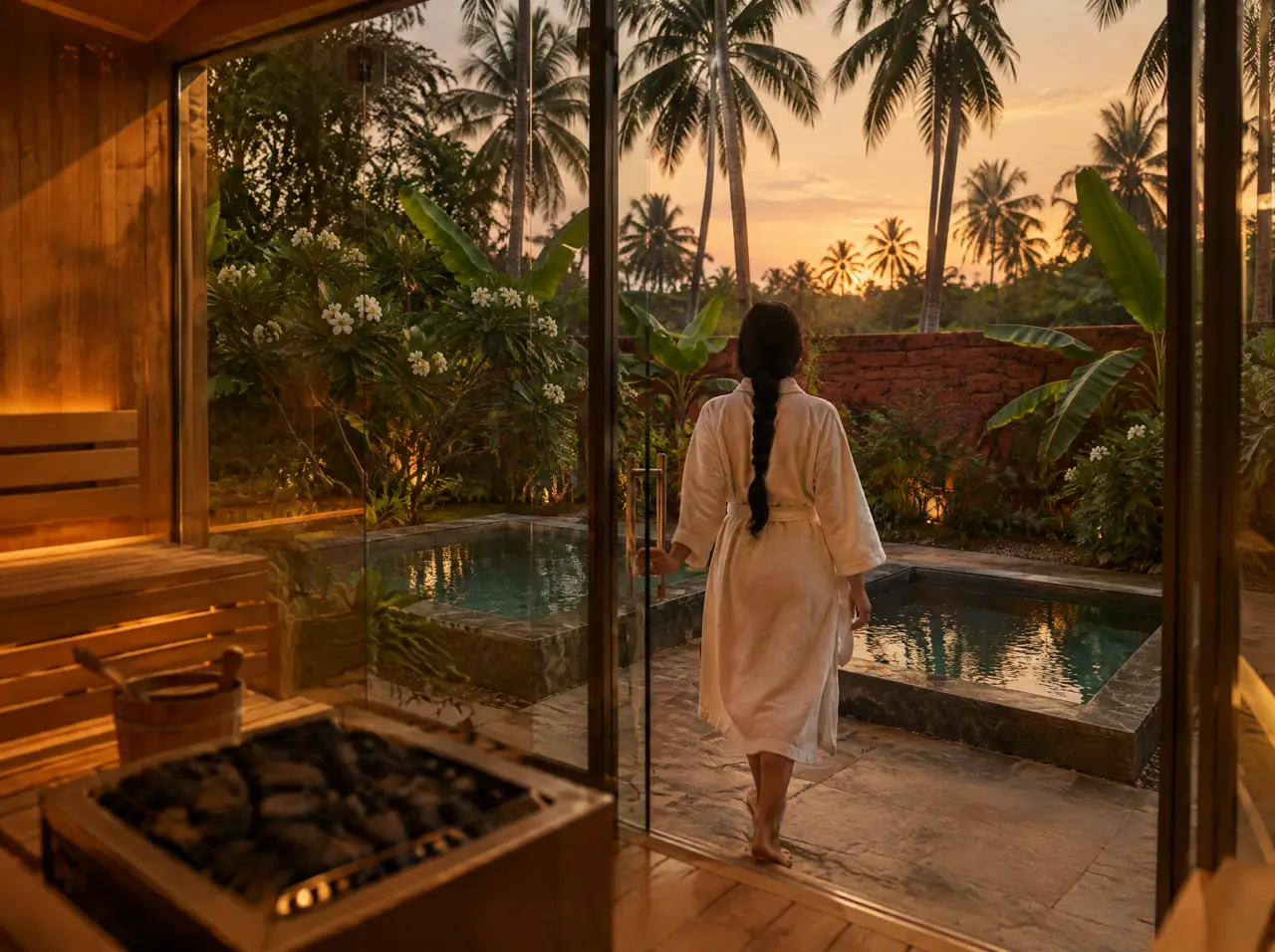 Guest in a white robe stepping out of the glass door of a hotel sauna toward the cold pools in a tropical dusk garden