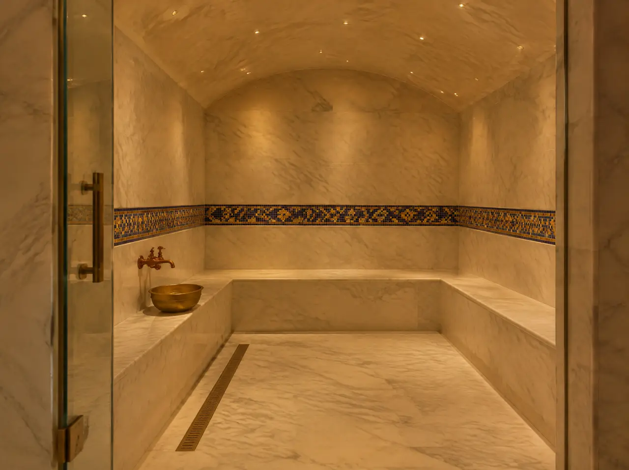 Hammam steam room interior in honed white marble with a blue and marigold mosaic band, a sloped ceiling, a brass bowl and a copper tap, seen through an open glass door