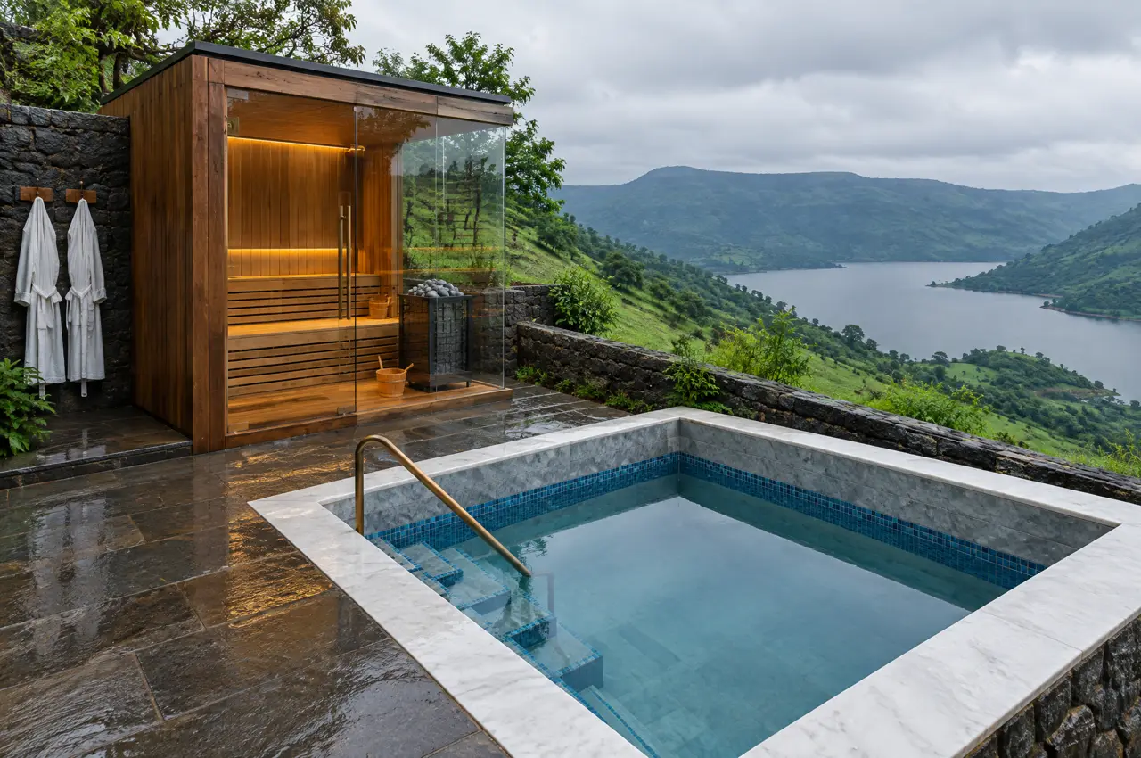 Villa terrace on the Sahyadri hillside above Mulshi near Pune in monsoon green with a glass sauna, a square cold plunge pool, basalt retaining walls and a lake below