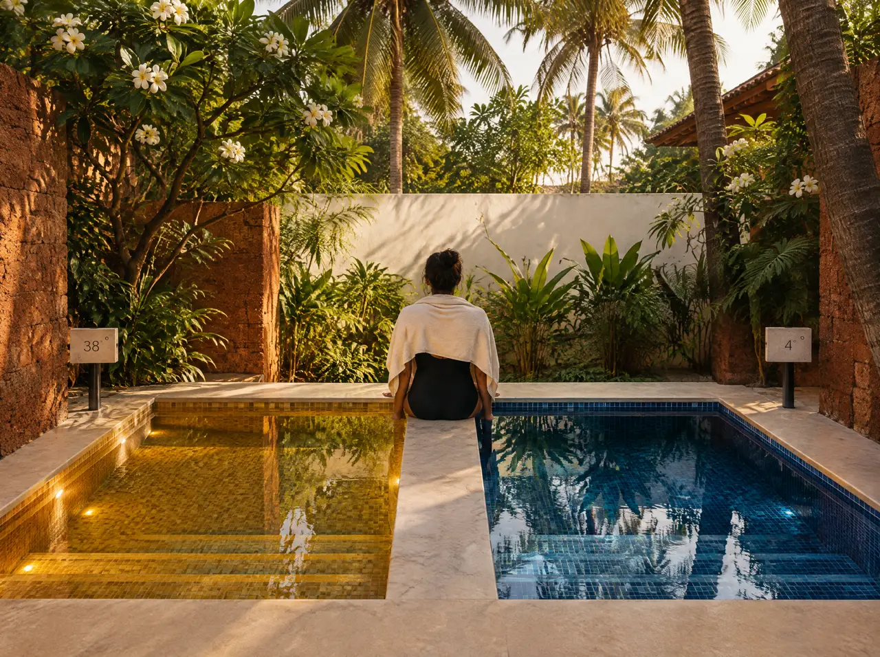 Warm pool with golden mosaic and cold pool with deep-blue mosaic side by side in a laterite-walled hotel courtyard in North Goa, display units reading 38 and 4 degrees