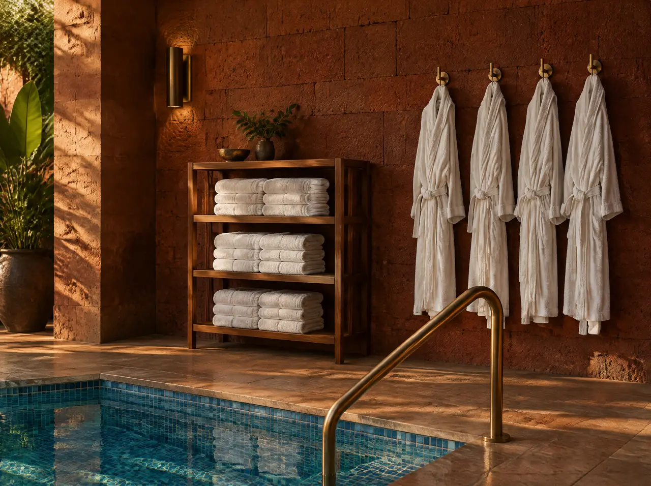 Teak shelf of folded towels and cotton robes on brass hooks against a red laterite wall beside the cold pool