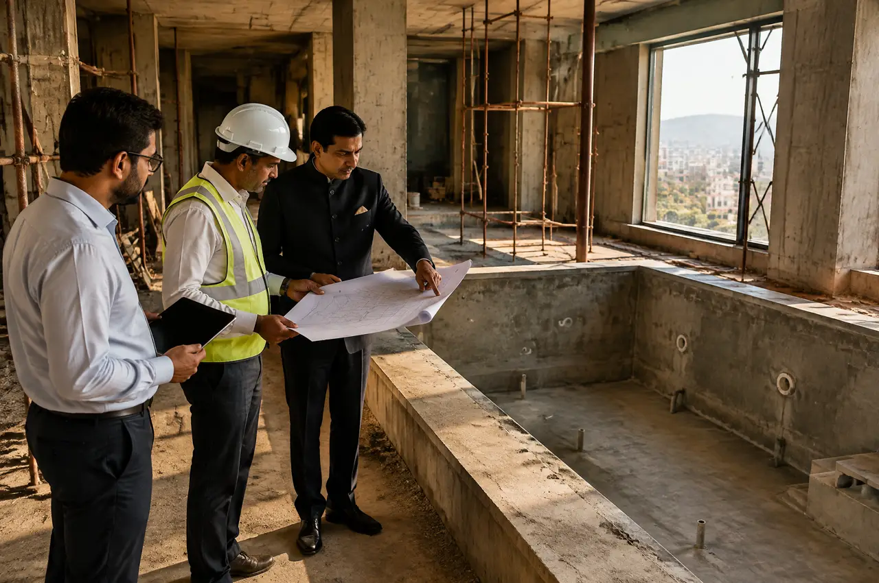 Indian project manager in a hard hat, a hotel general manager and a consultant looking at an empty plunge pool shell and a drawing in a half-finished wellness suite in Pune