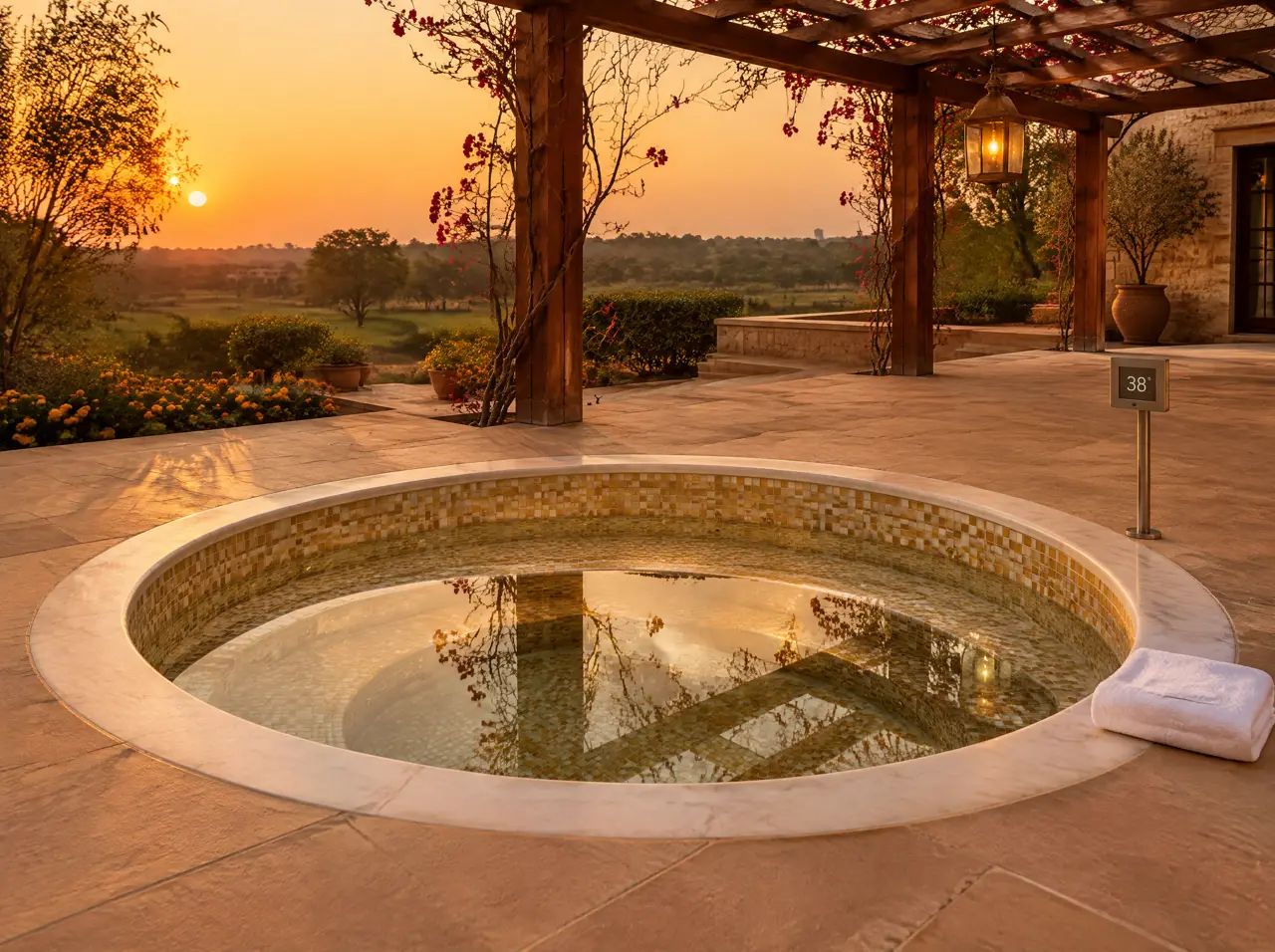 Built-in hydromassage hot tub with golden mosaic and a white marble coping set flush into a sandstone farmhouse terrace at dusk, a display unit reading 38 degrees