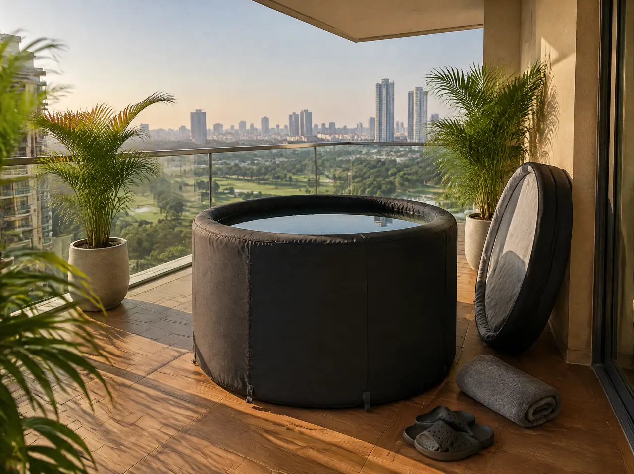 Plain black inflatable drop-stitch ice bath tub on the teak floor of a covered high-rise balcony in Gurugram, its insulated lid leaning against the wall beside it