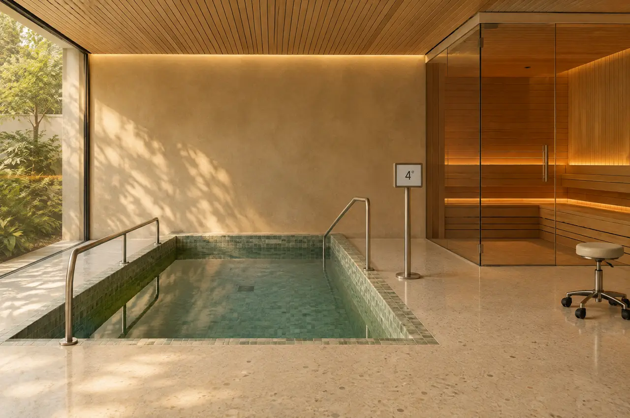 Finished cold plunge room of a Bengaluru longevity clinic with a collective cold plunge pool in sage-green mosaic, a glass sauna to the right and a display unit reading 4 degrees