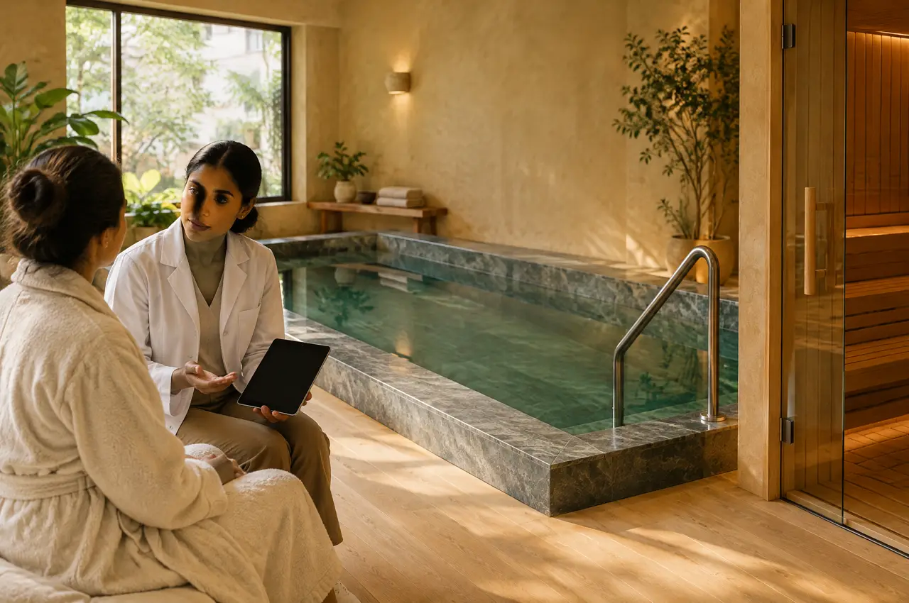Cold plunge suite in a Bengaluru longevity clinic with a collective cold plunge pool, a glass sauna door and a clinician speaking with a client in a robe