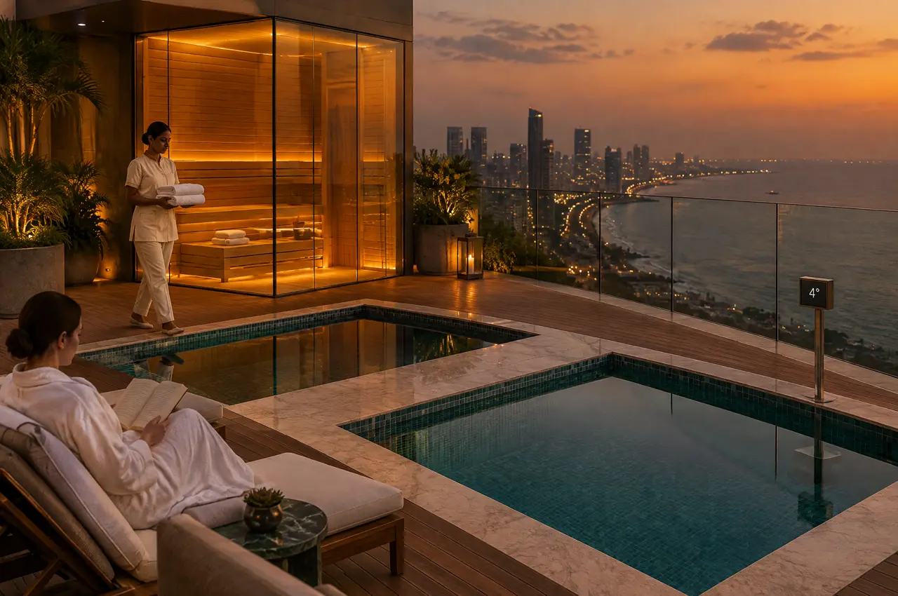 Rooftop wellness deck of a luxury hotel with plunge pools and a glass sauna