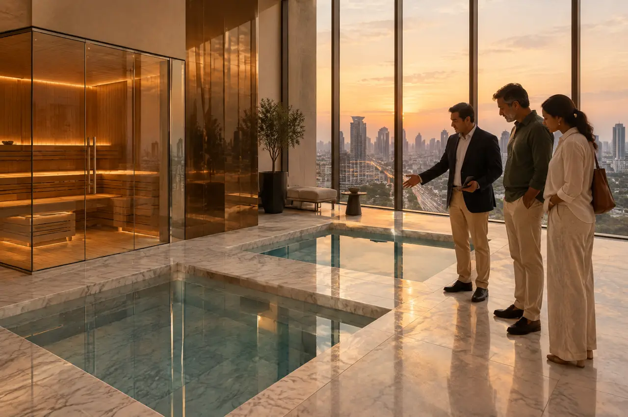 Wellness suite on a luxury tower amenity floor in Gurugram with a glass sauna, two marble cold plunge pools and a sales architect showing a couple the space