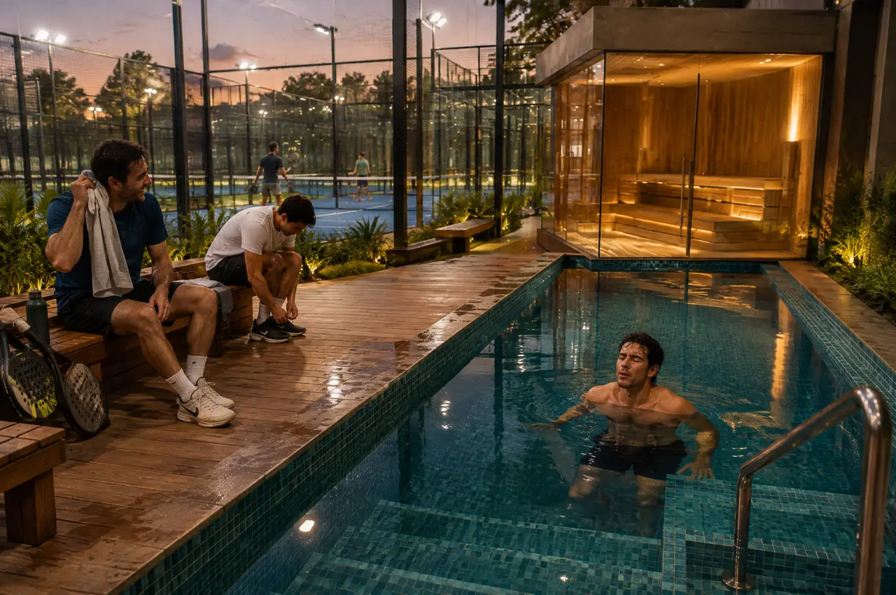 Cold-water deck of a padel club in Whitefield, Bengaluru, with a long cold plunge pool, a glass sauna and three players in sports kit