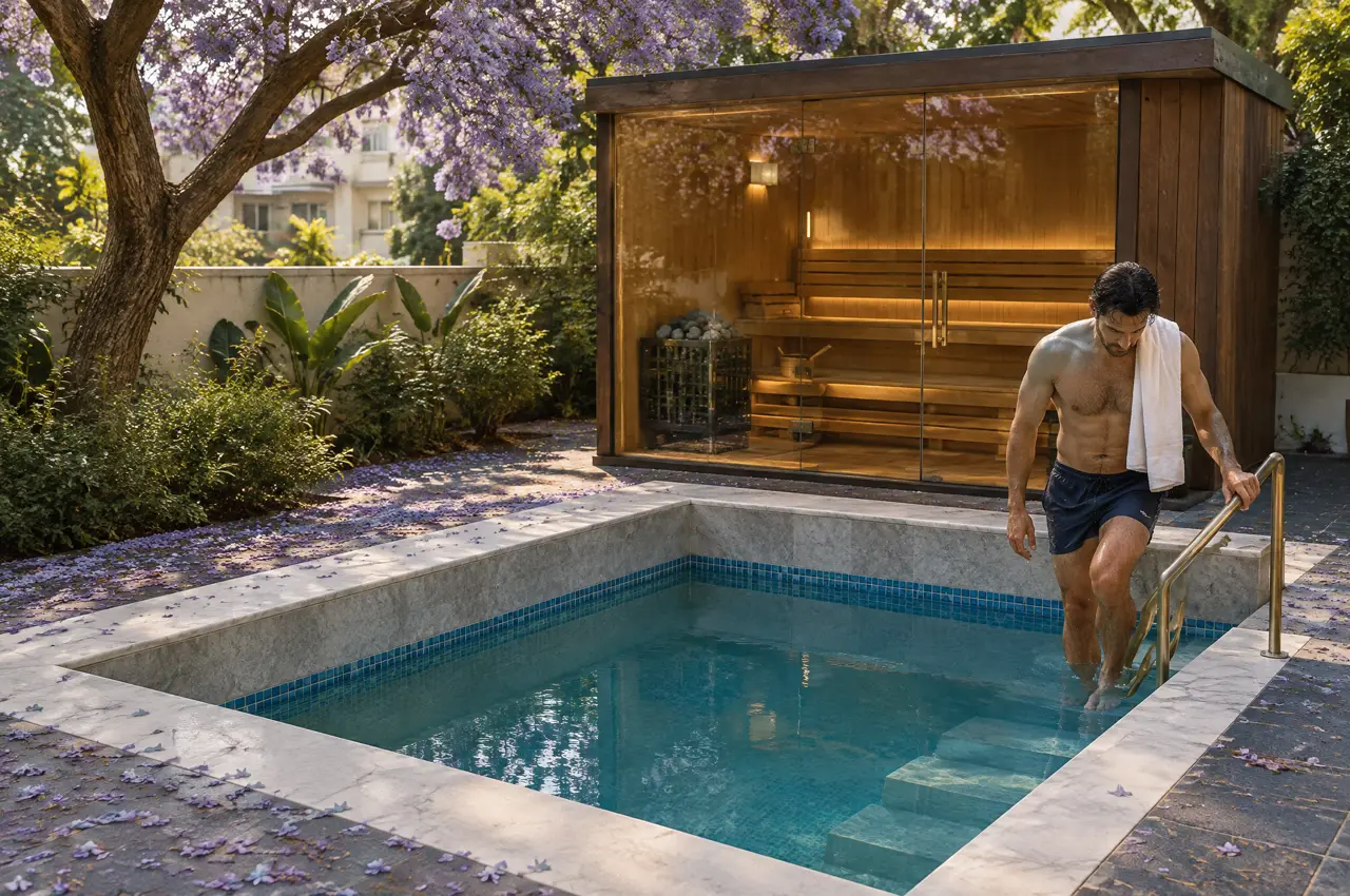 Morning garden in Indiranagar, Bengaluru, with a jacaranda in bloom, a small square cold plunge pool, a glass-fronted sauna and a man in swim shorts climbing out of the pool