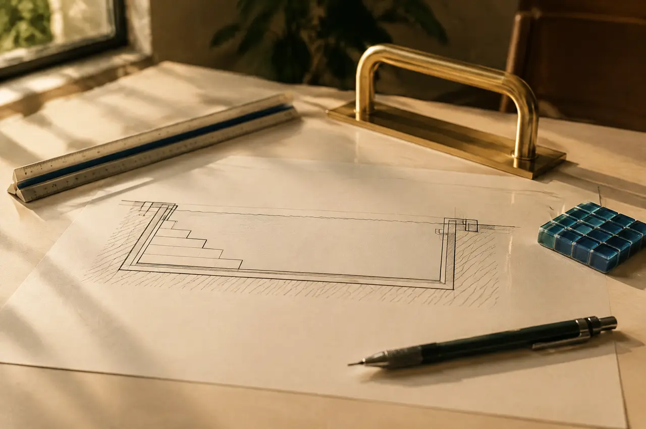 Plunge pool section drawing on a table with a scale rule, a mechanical pencil, a brass handrail and a mosaic chip