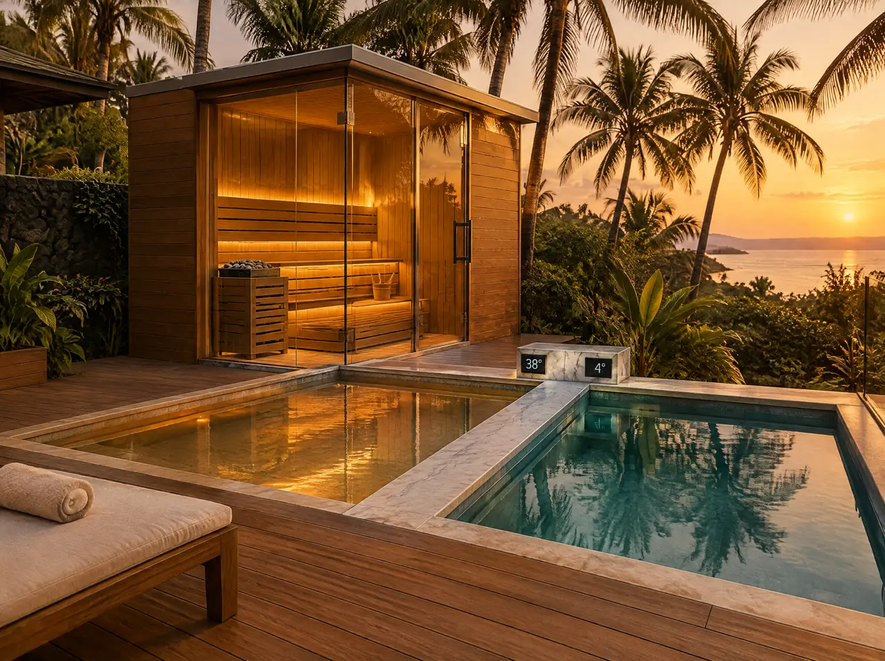 Plunge suite with a warm pool, a cold pool and a glass corner sauna on an Alibaug villa deck among coconut palms