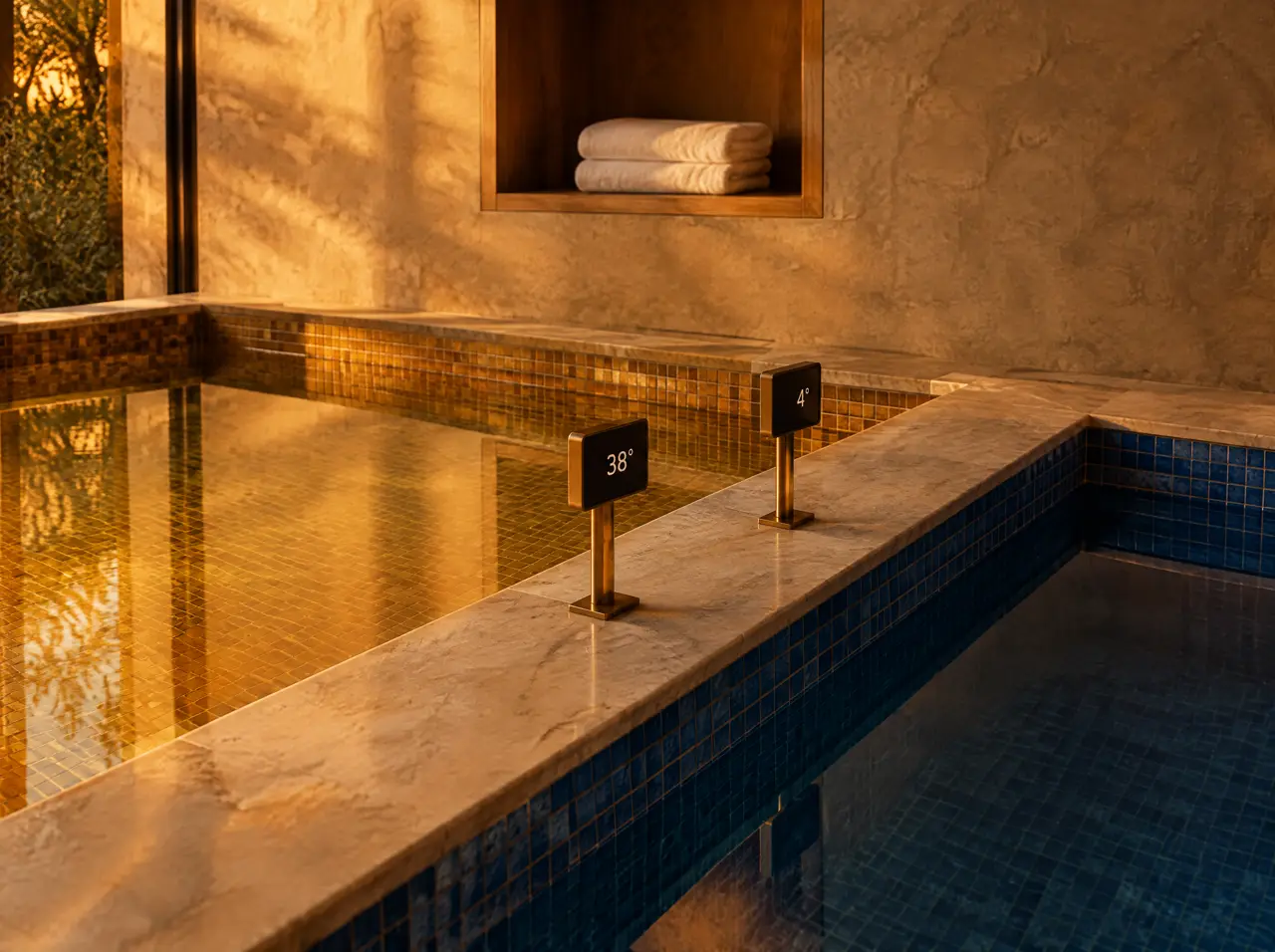 Marble ledge between a warm pool and a cold pool with two display units reading 38 and 4 degrees and a teak towel niche