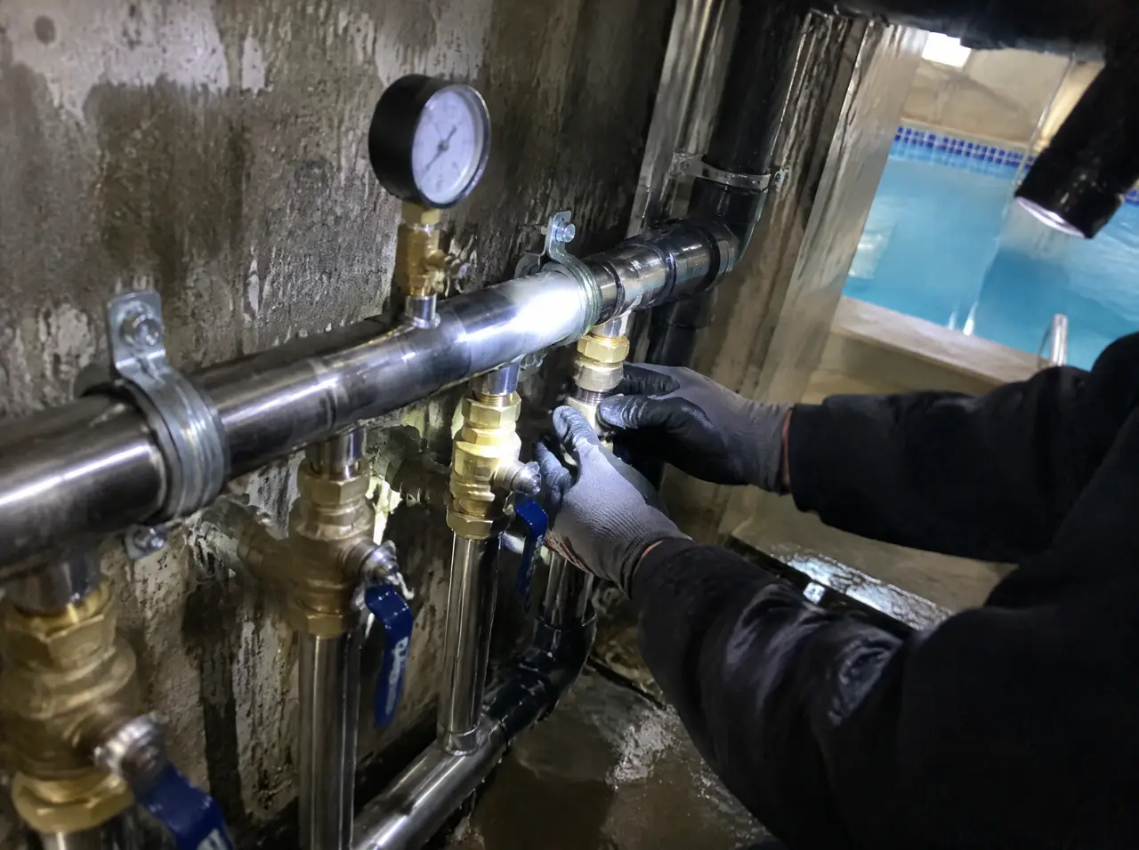 Plumber's gloved hands on a stainless and brass manifold in an underground plant niche beside a pool