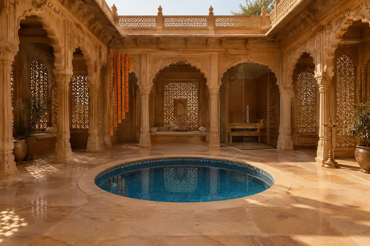 Courtyard of a restored haveli in Rajasthan with cusped sandstone arches and jaali screens, a round plunge pool and a glass-fronted sauna in one arched bay
