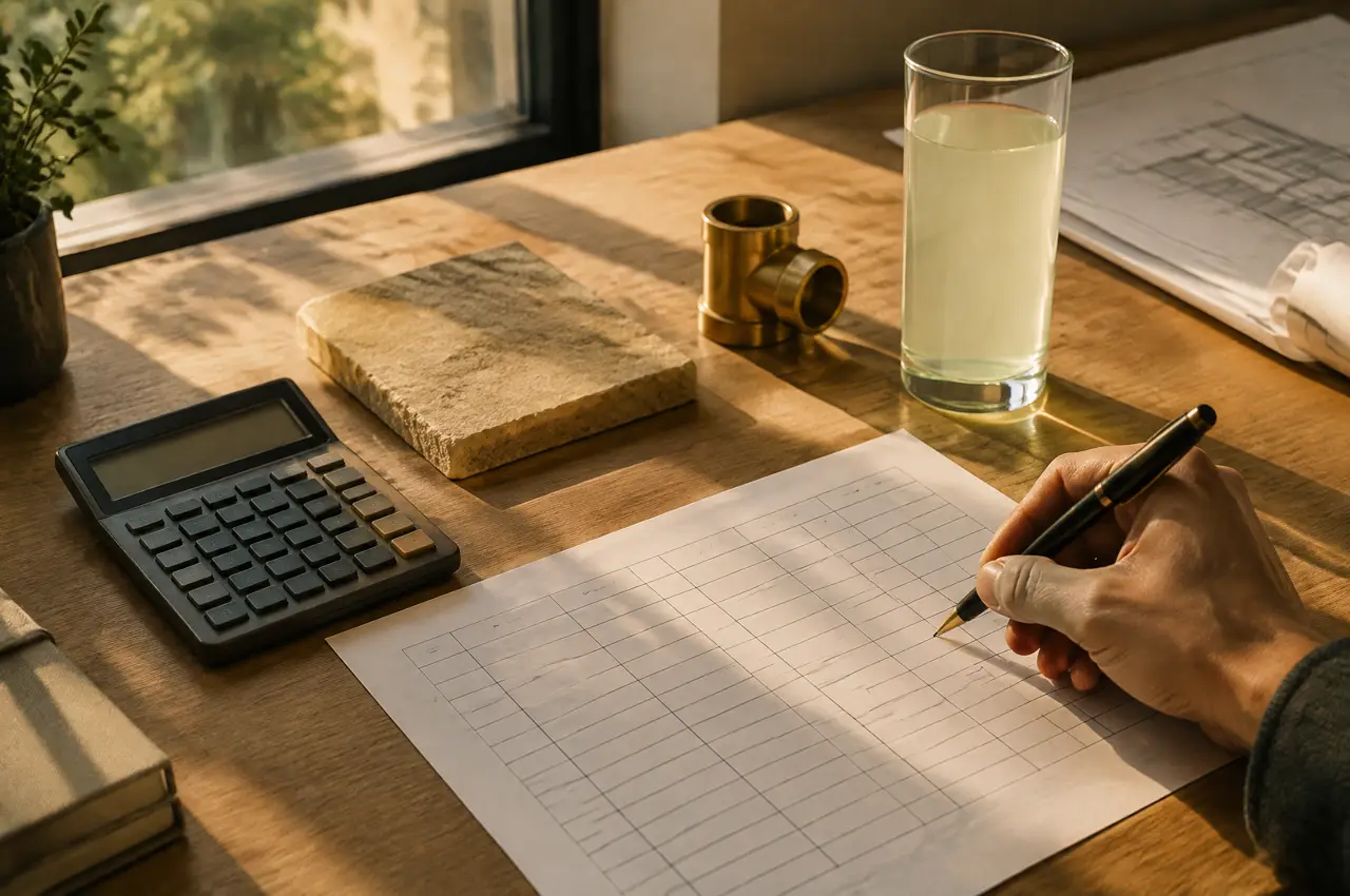 Architect's desk with a blank calculator, an empty grid sheet, a sandstone sample, a brass fitting and a hand holding a pen