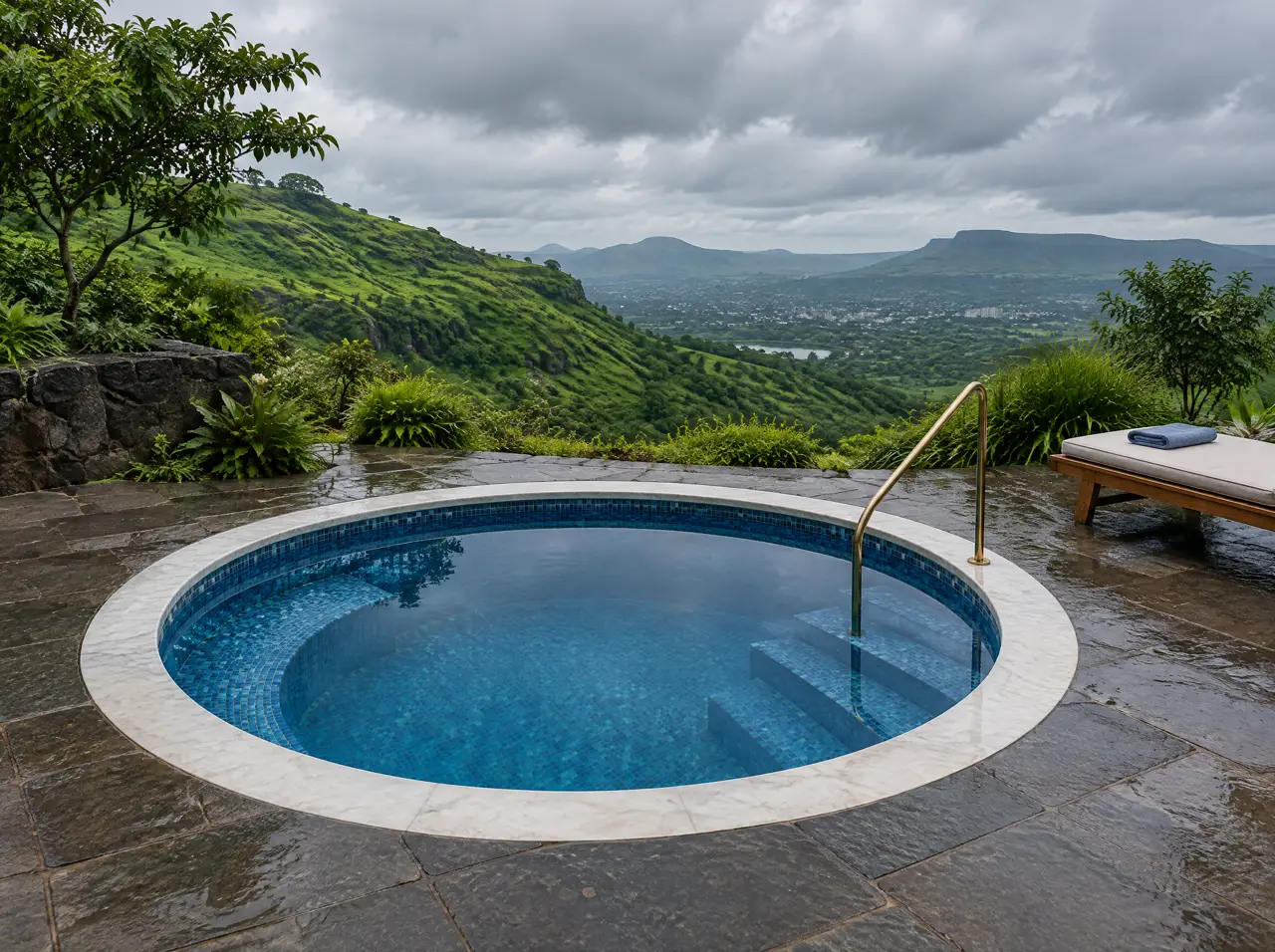 Round mosaic cold plunge pool on a basalt terrace in monsoon green, an alternative to a tub for daily use