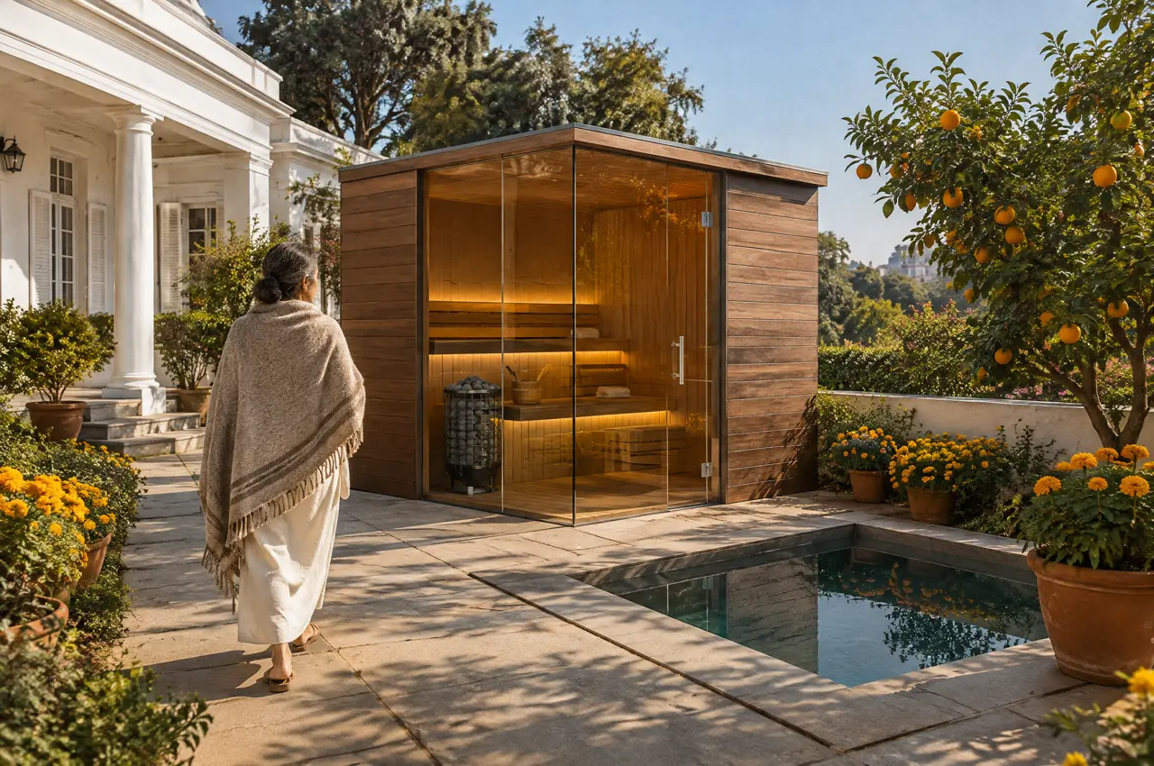Garden terrace of a white bungalow in Vasant Vihar, Delhi, with a glass-cornered sauna, a small cold plunge pool, a kinnow tree and a woman in a wool shawl on a clear winter noon