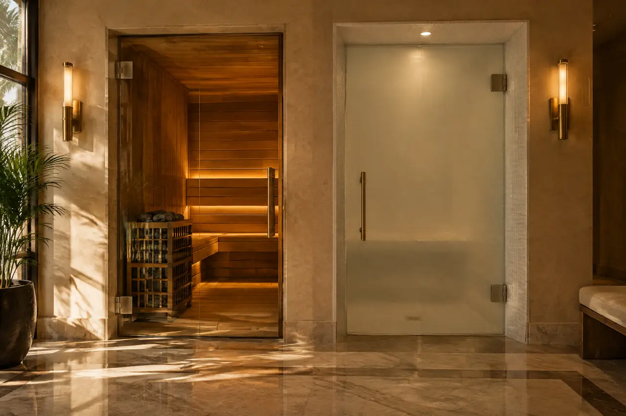Hotel spa corridor in Mumbai with a frameless glass sauna door showing a timber interior beside a frosted-glass steam room door