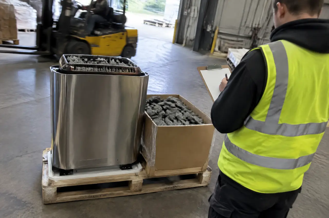 Stainless sauna heater and a box of stones on a pallet in a warehouse bay while a person in a hi-vis vest ticks a blank checklist
