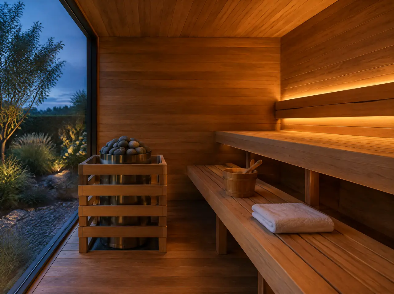 Interior of a dry sauna with two levels of timber benches, a heater with stones in a timber guard, a bucket and ladle, a folded towel and a glass wall onto a garden at blue hour