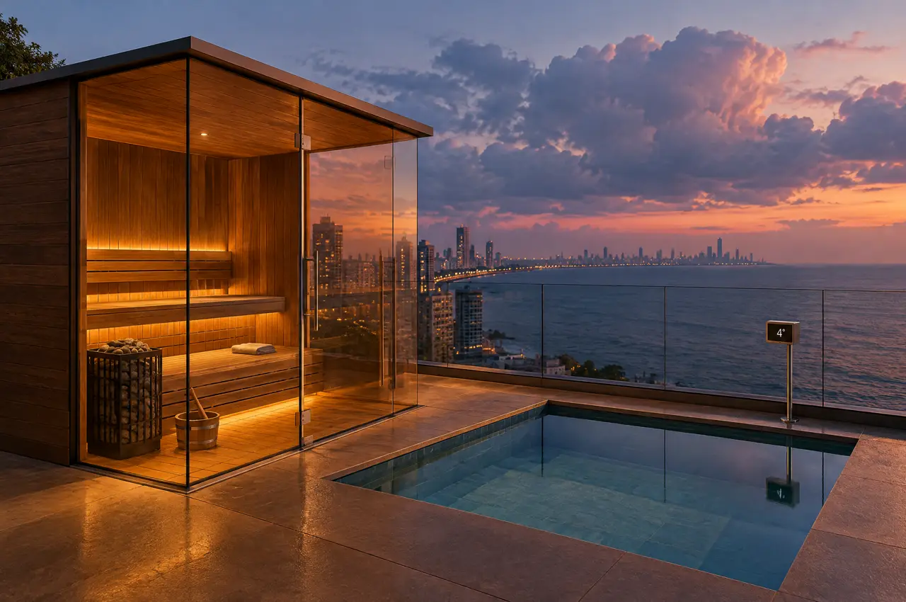 Sea-facing penthouse terrace in Worli, Mumbai, at blue hour with a glass-cornered sauna, a small cold plunge pool and a display unit reading 4 degrees
