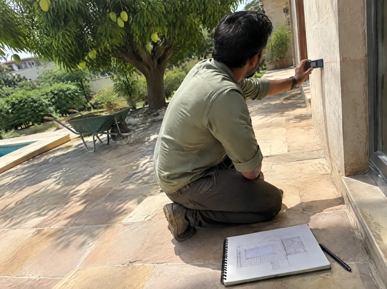 Surveyor kneeling on a sandstone terrace with a laser measure beside a notebook layout sketch